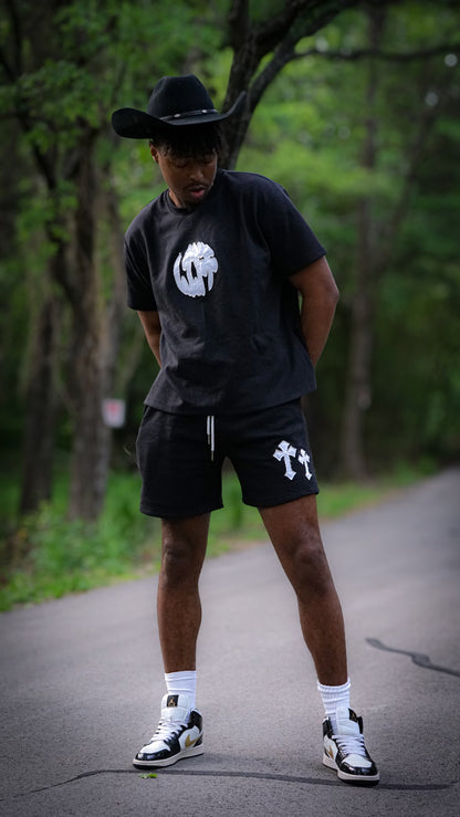 "Cross Logo-Distressed Sweat Shorts"